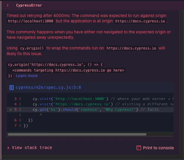 cy.visit() subsequent commands timed out