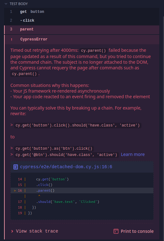 cy.method() failed because the page updated