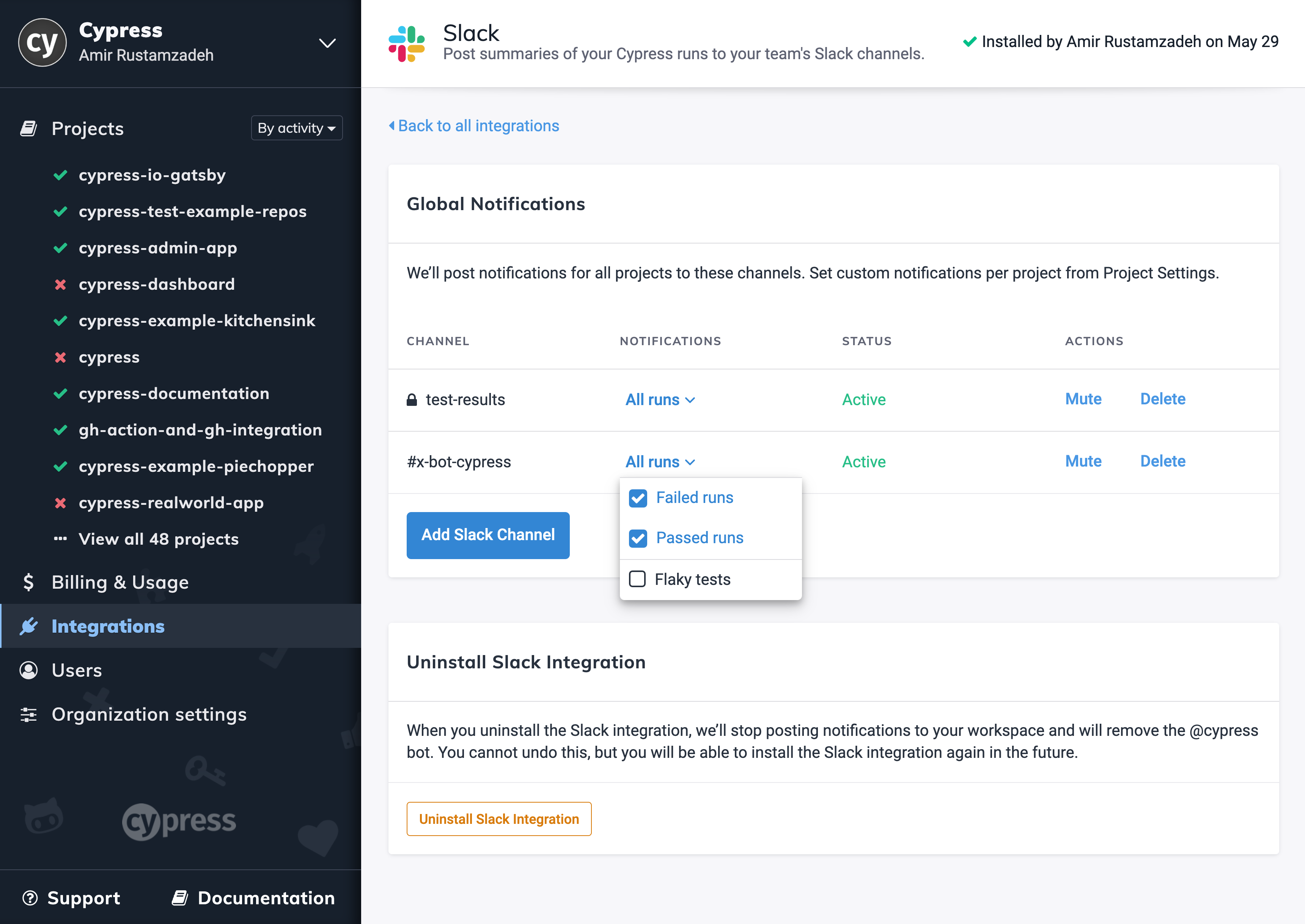 Slack flake alert settings